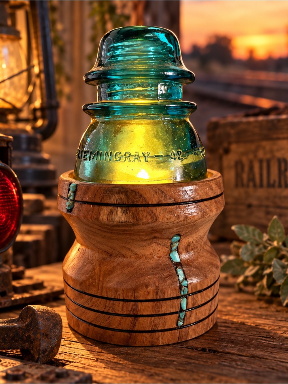 Handcrafted Redneck Fairy Lamp | Teal Hemingray 42 Insulator | Texas Mesquite